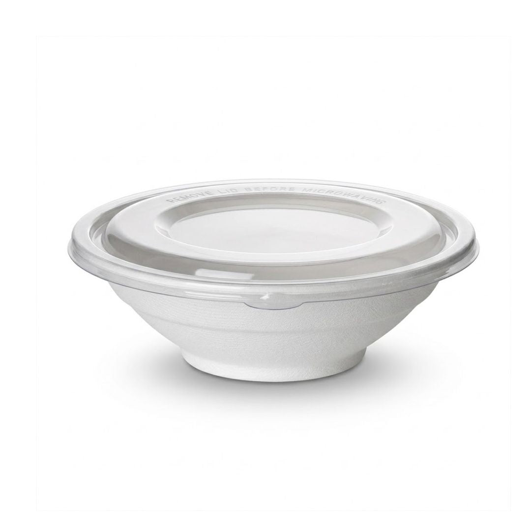White compostable bowl with a lid on a white background