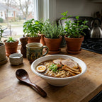 Disposable bowl of ramen with a wooden spoon on a wooden table with potted plants.