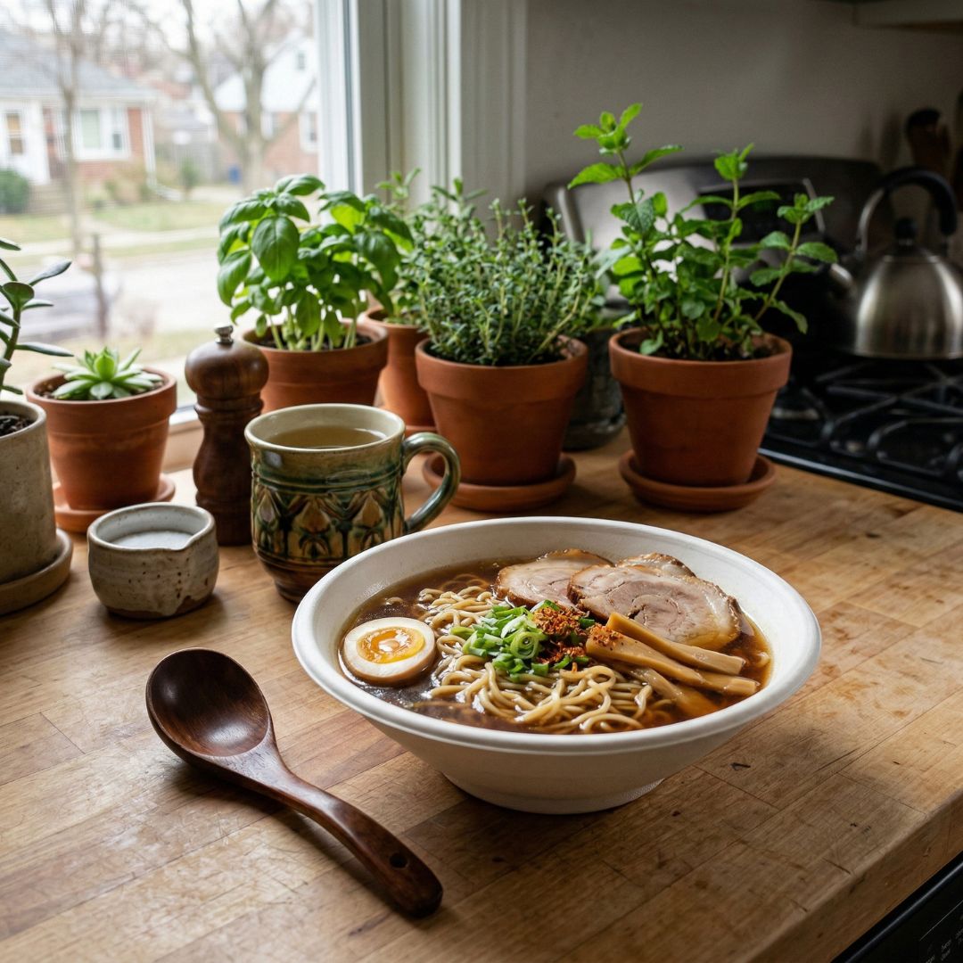 Disposable bowl of ramen with a wooden spoon on a wooden table with potted plants.