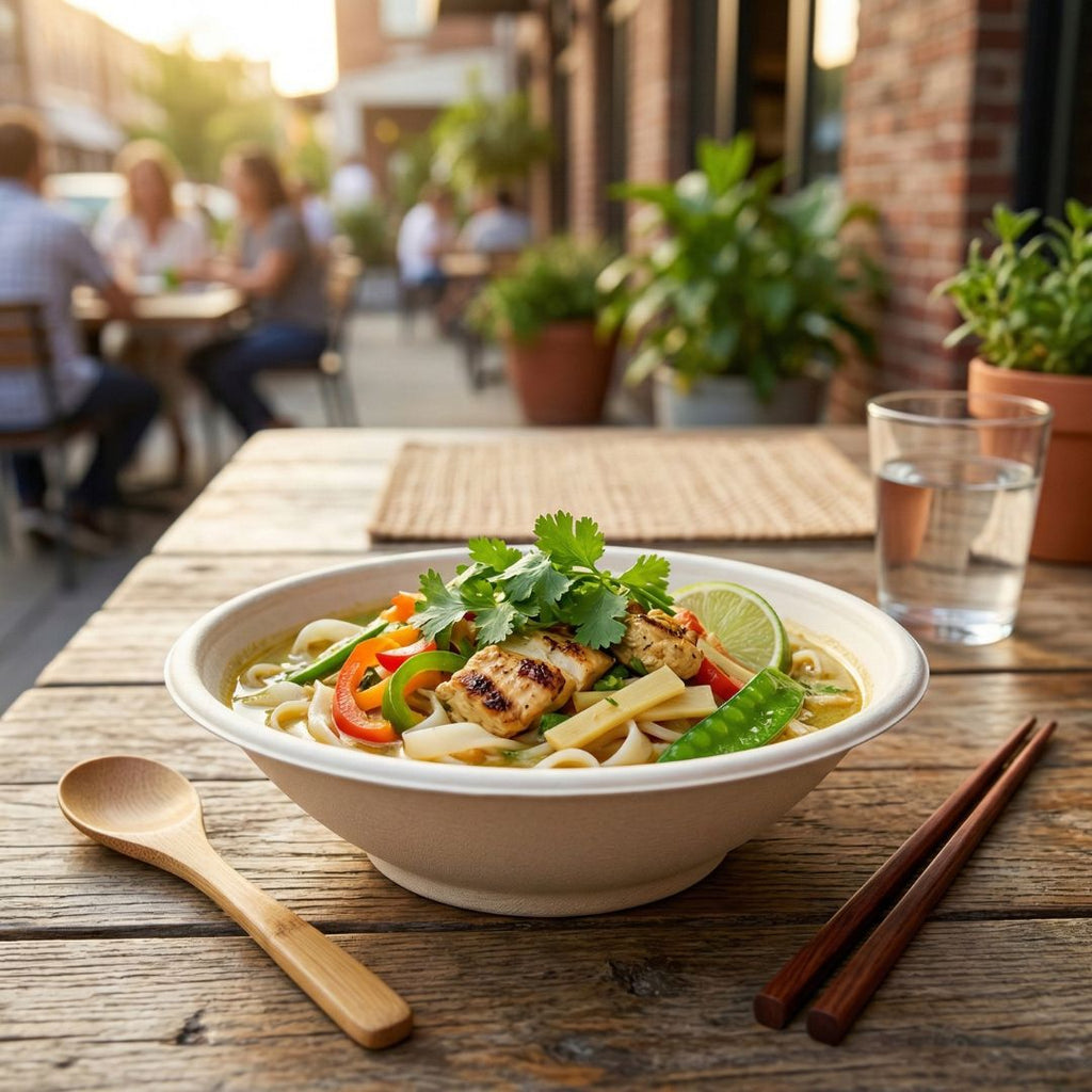 Compostable bowl of pasta with vegetables and lime on a wooden table outdoors