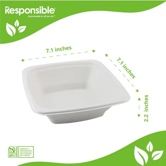 White bowl with dimensions labeled on a green and white background, featuring the 'Responsible' brand.