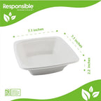 White bowl with dimensions labeled on a green and white background, featuring the 'Responsible' brand.