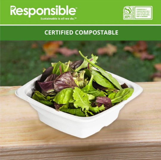 Bowl of salad with salad on a wooden surface, branded as 'Responsible' for compostability.