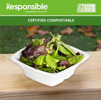 Bowl of salad with salad on a wooden surface, branded as 'Responsible' for compostability.