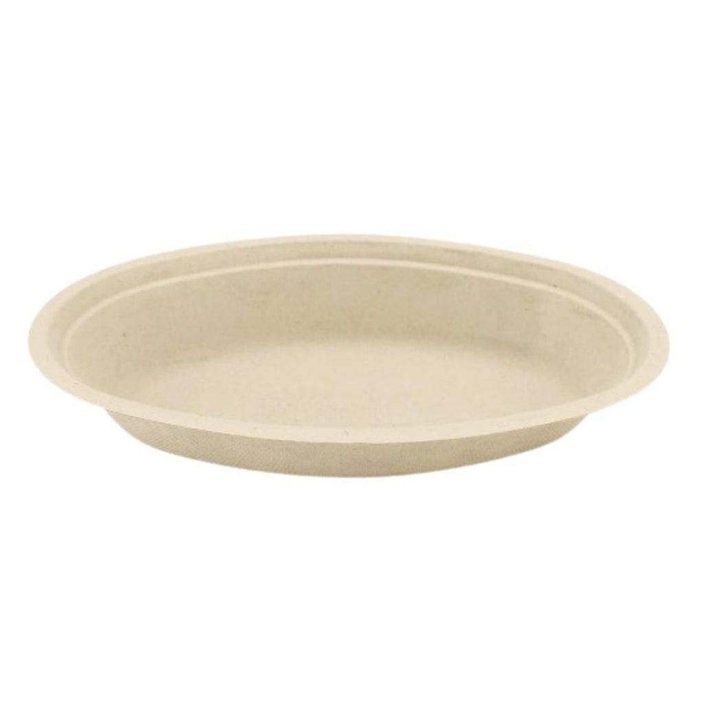 Beige compostable oval bowl on a white background