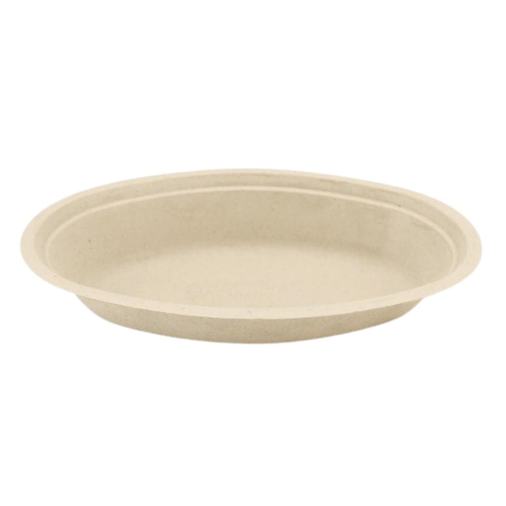 Beige compostable oval bowl on a white background