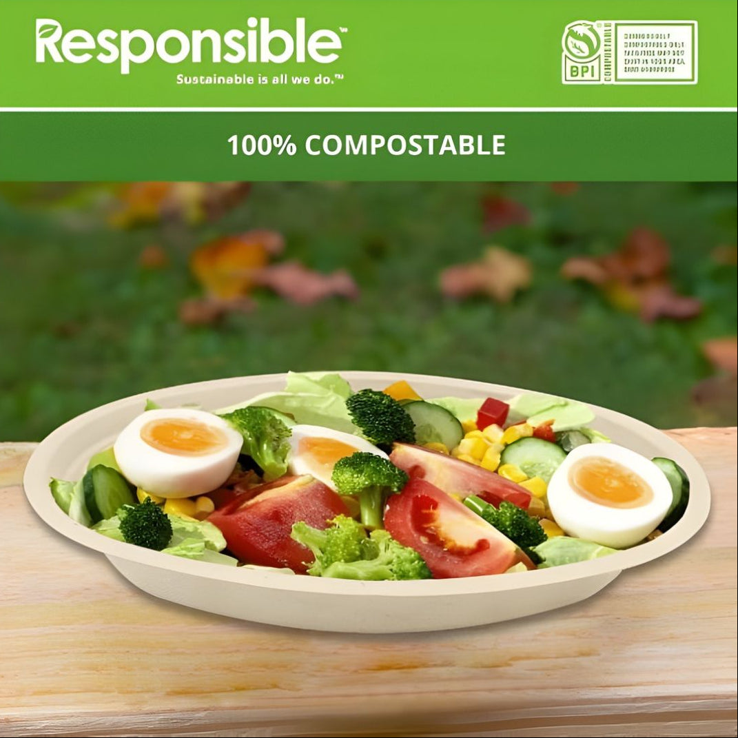 Salad in a compostable burrito bowl with 'Responsible' branding and compostable label.