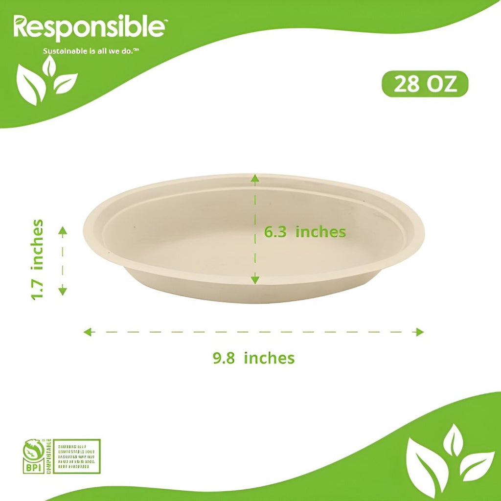 Beige compostable bowl with dimensions and 'Responsible' branding on a green and white background