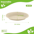 Beige compostable bowl with dimensions and 'Responsible' branding on a green and white background
