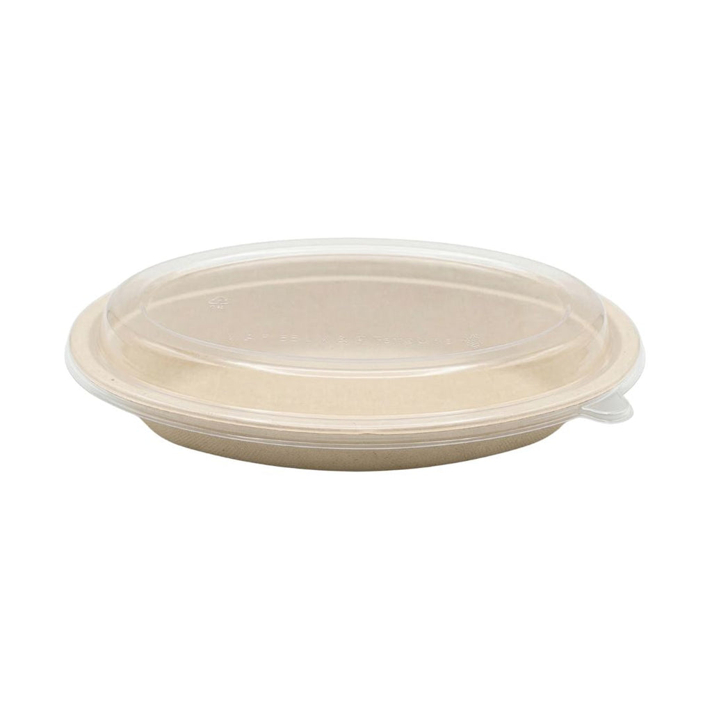Compostable oval bowl with a plastic lid on a white background