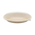 Compostable oval bowl with a plastic lid on a white background