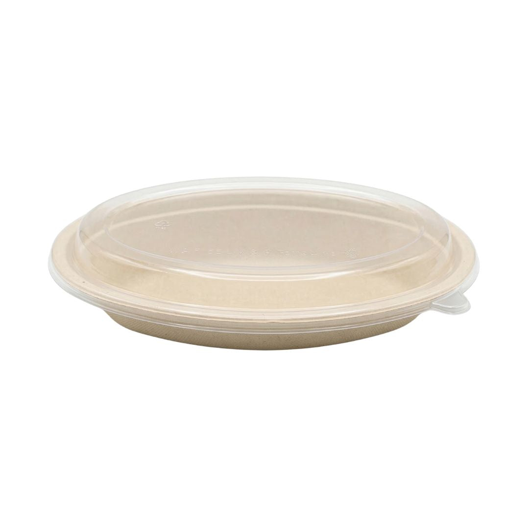 Compostable oval bowl with a plastic lid on a white background