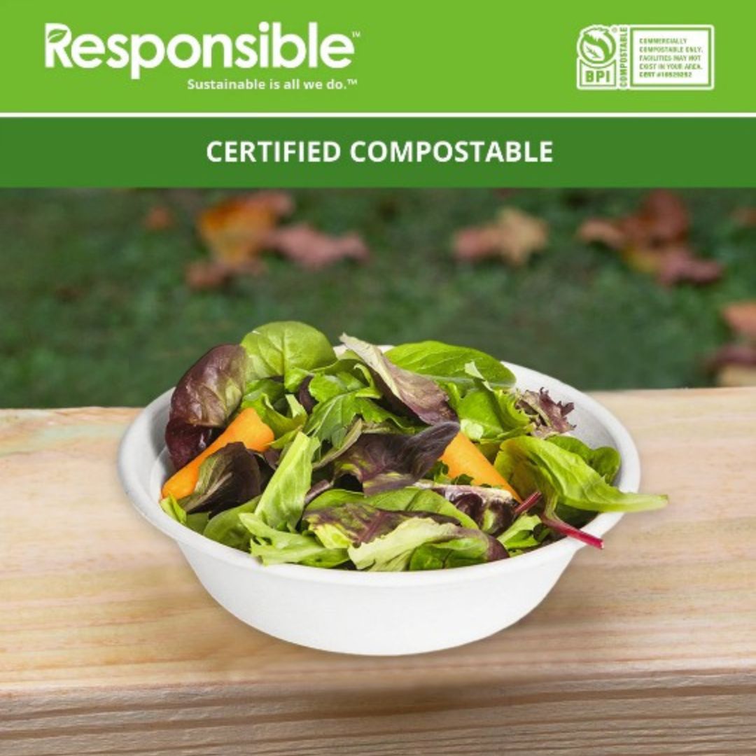 Bowl of salad on a wooden surface with a green background and 'Responsible' branding.
