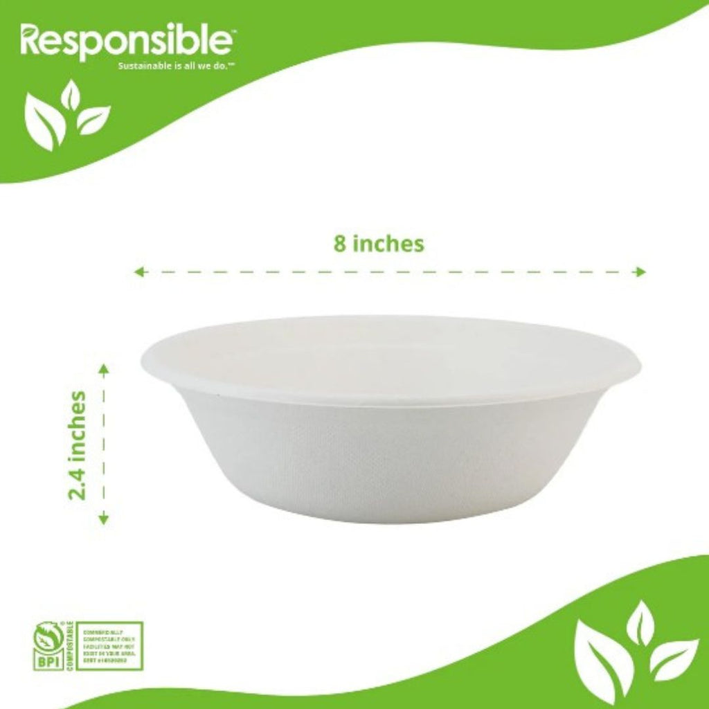 White bowl with dimensions labeled on a green and white background, featuring the 'Responsible' brand.