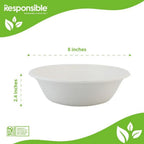 White bowl with dimensions labeled on a green and white background, featuring the 'Responsible' brand.