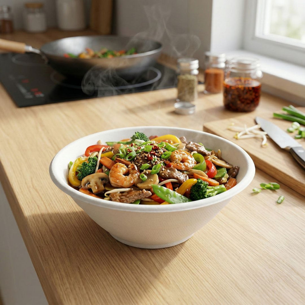 Disposable Fiber Noodle Bowl of stir-fry on a kitchen counter with cooking ingredients in the background