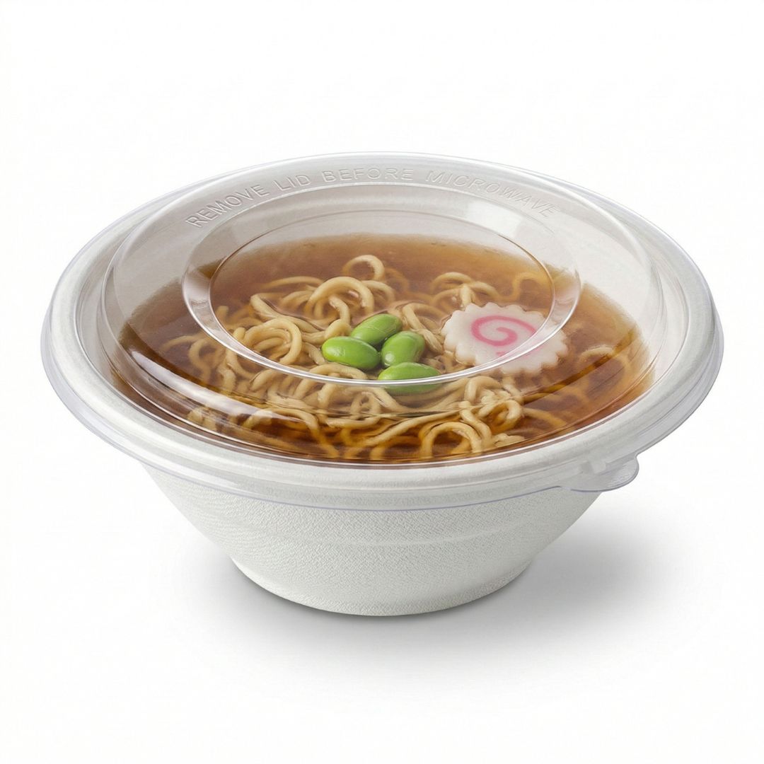 Compostable fiber bowl of noodles with a clear lid on a white background