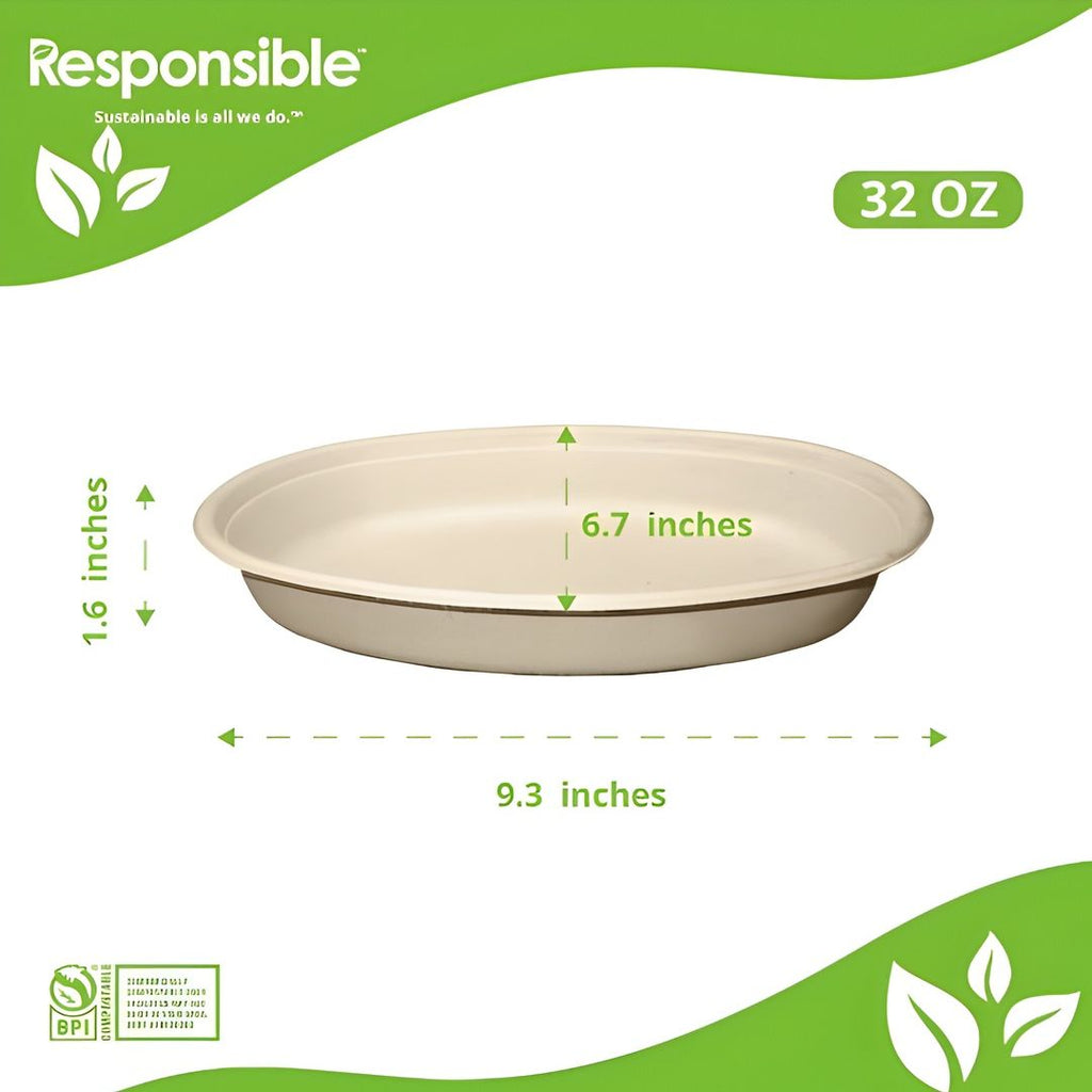 Beige bowl with dimensions and 'Responsible' branding on a white background