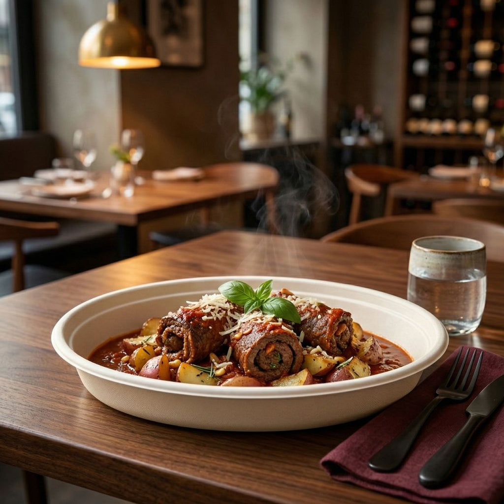 Steaming dish of meat and vegetables in a compostable oval bowl on a wooden table in a restaurant setting