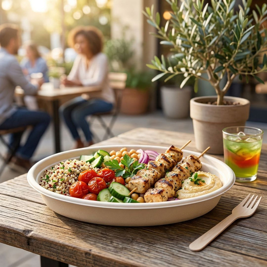 Plated fiber bowl with skewered chicken, vegetables, and hummus on a wooden table outdoors.