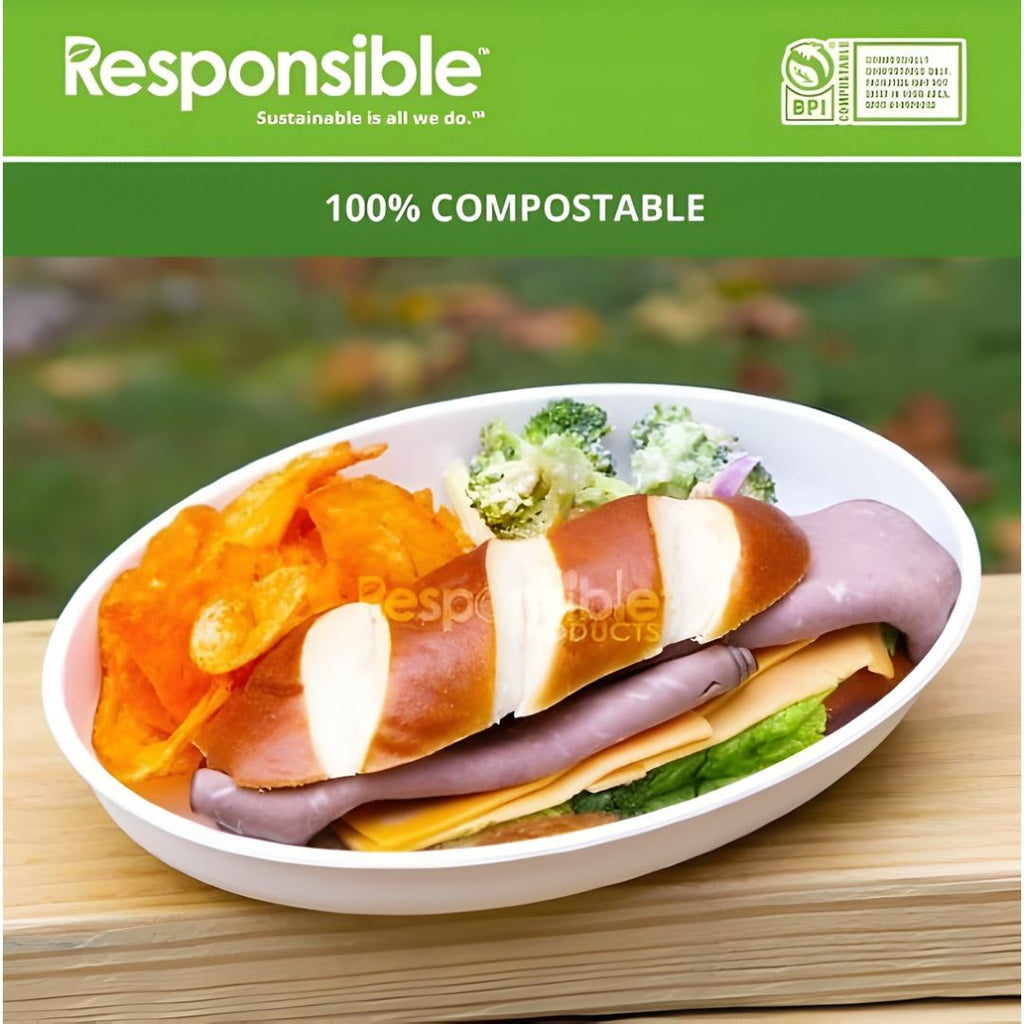 Compostable bowl with food and 'Responsible' branding on a green background