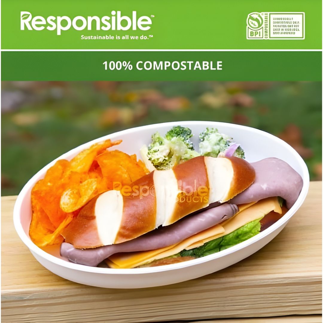 Compostable bowl with food and 'Responsible' branding on a green background