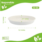 White bowl with dimensions and 'Responsible' branding on a green and white background