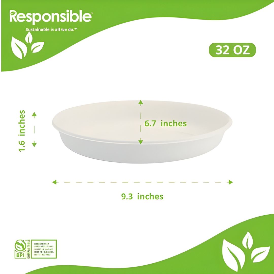 White bowl with dimensions and 'Responsible' branding on a green and white background