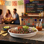 Mexican dish with beans, meat, and guacamole served in a disposable burrito bowl on a table with people in the background.