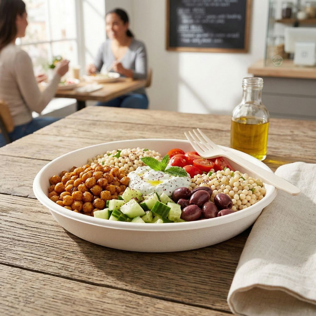 White compostable bowl containing salad with chickpeas, olives, and vegetables on a wooden table with people in the background.