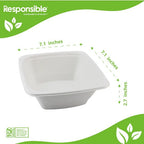 White bowl with dimensions labeled on a green and white background, featuring the 'Responsible' brand.
