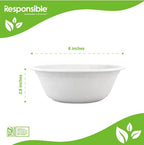 White bowl with dimensions labeled on a green and white background, featuring the 'Responsible' brand.