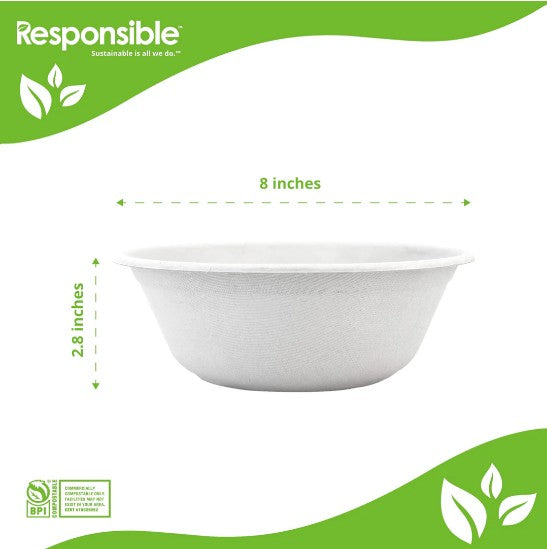 White bowl with dimensions labeled on a green and white background, featuring the 'Responsible' brand.