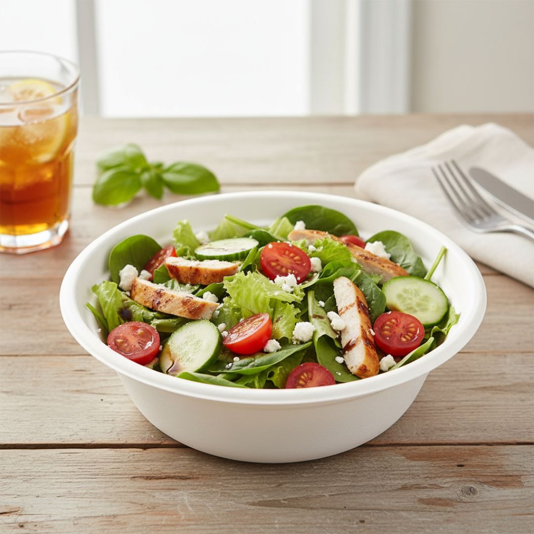 Bowl of salad with chicken and vegetables on a wooden table with a glass of iced tea.