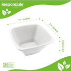 White square bowl with dimensions labeled on a green and white background, featuring the 'Responsible' brand.