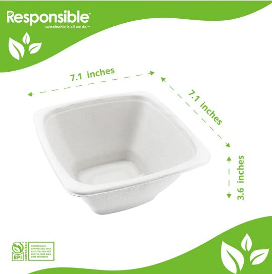 White square bowl with dimensions labeled on a green and white background, featuring the 'Responsible' brand.