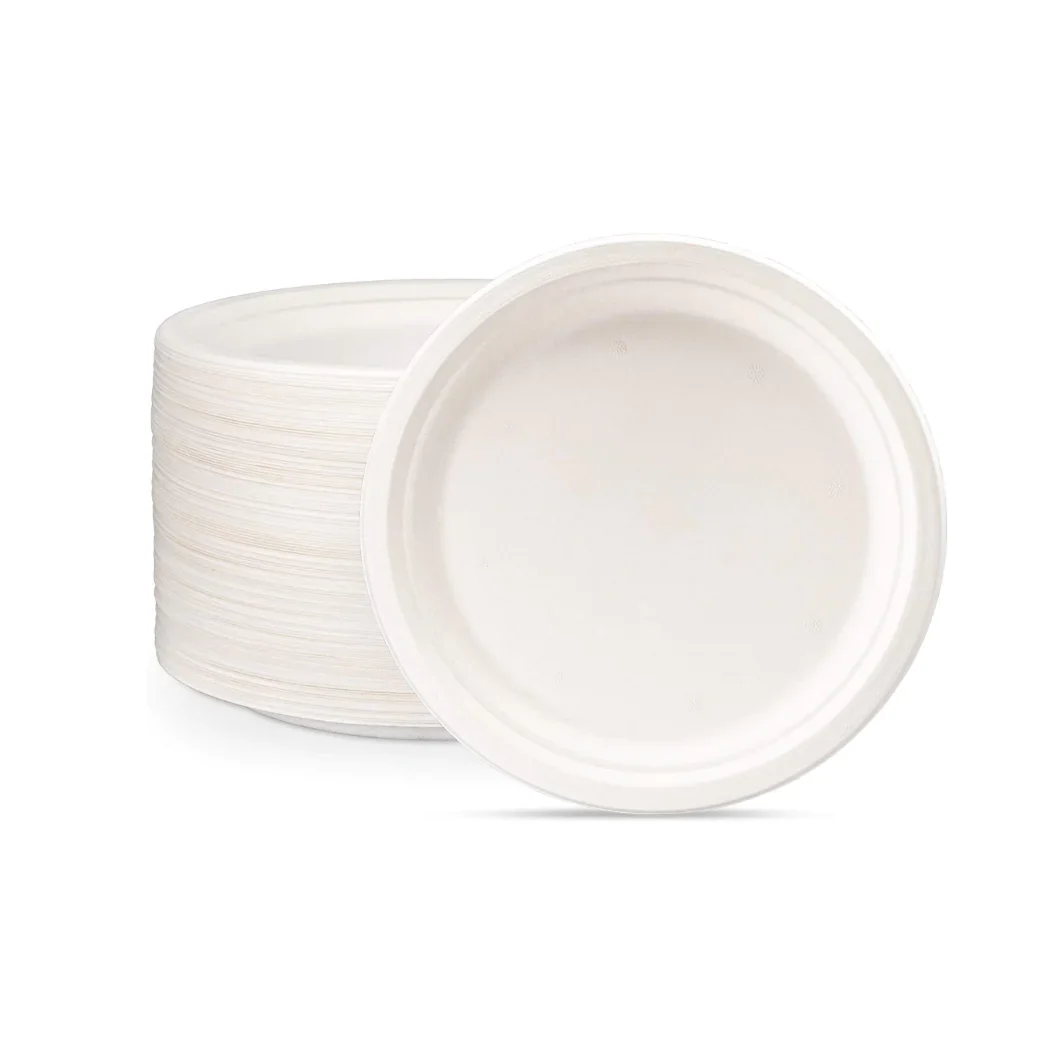 7 inch white circle plate leaning against a stack of white 7" round plates