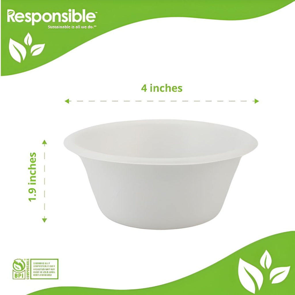 White bowl with dimensions labeled on a green and white background, featuring the 'Responsible' brand.