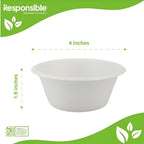 White bowl with dimensions labeled on a green and white background, featuring the 'Responsible' brand.