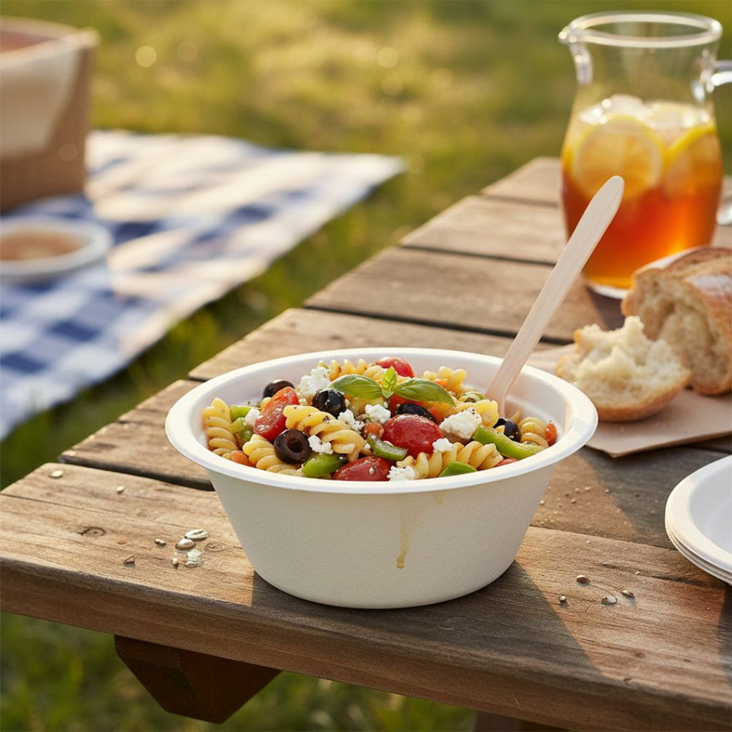 Colorful pasta salad in a white bowl on a wooden table outdoors.