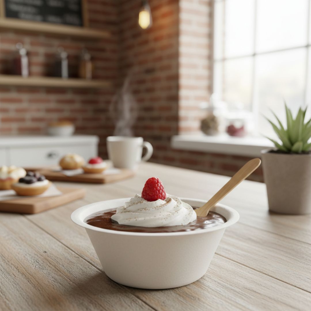 Bowl of hot chocolate with whipped cream and a raspberry on a wooden table in a cozy kitchen.