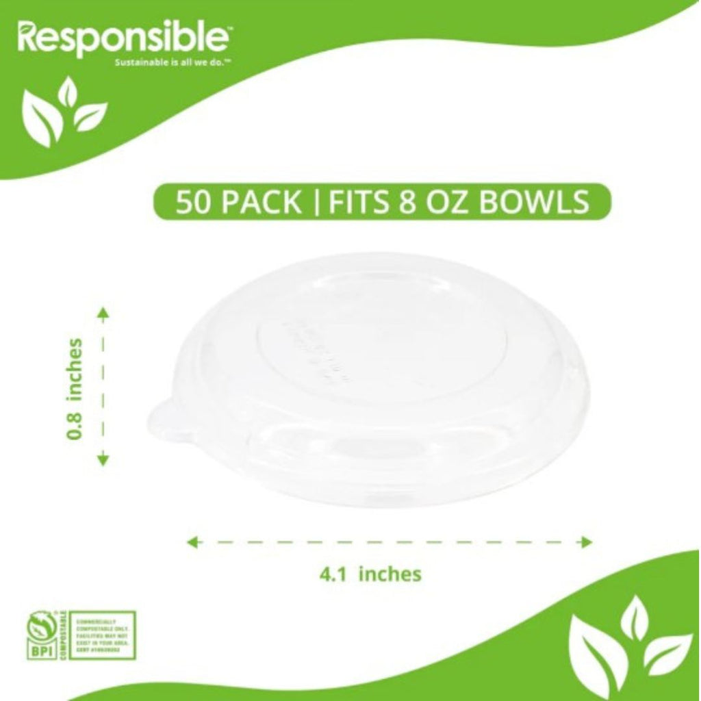 Product packaging 8 oz lids with dimensions and 'Responsible' branding.