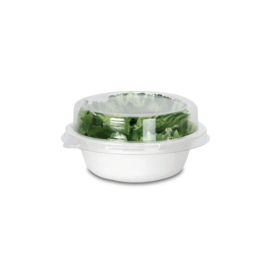 Clear plastic lid on a compostable white bowl with green salad on a white background