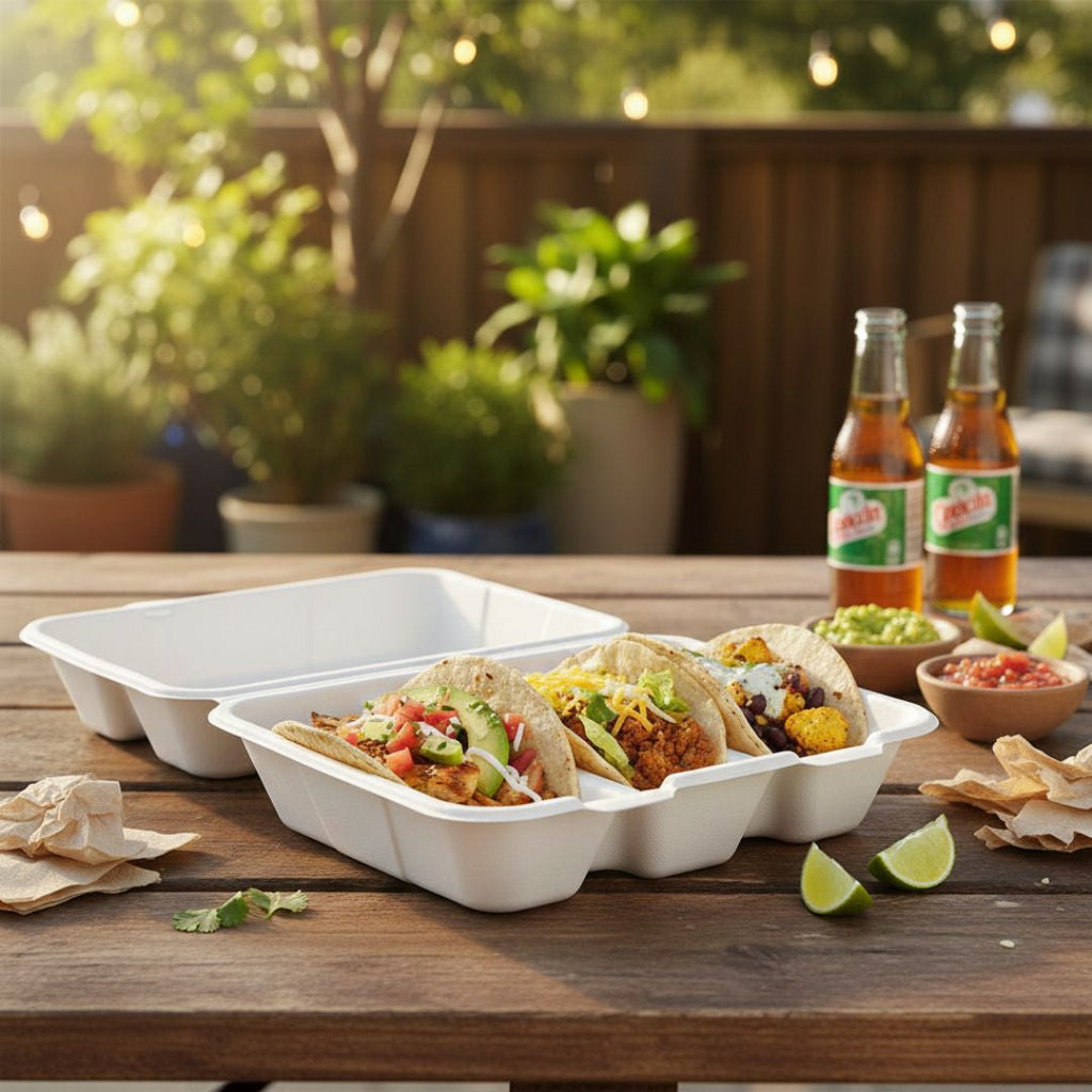Tacos in a white taco tray with lid on a wooden table with beer bottles and condiments in the background.
