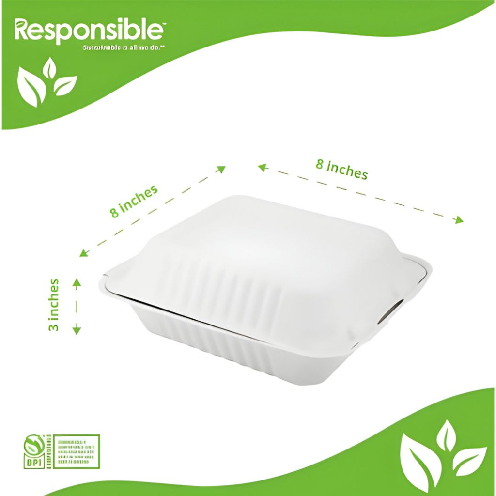 Closed white clamshell with lid with dimensions labeled on a green and white background, featuring the 'Responsible' brand.