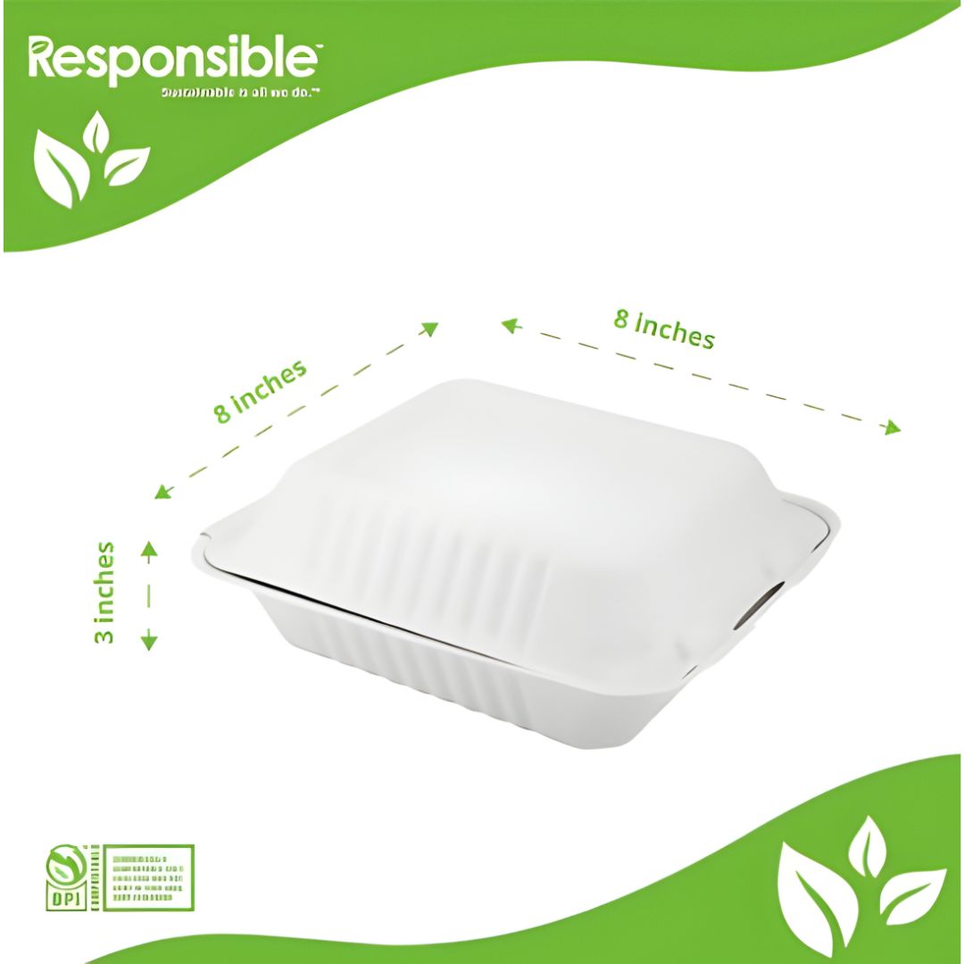 Closed white clamshell with lid with dimensions labeled on a green and white background, featuring the 'Responsible' brand.