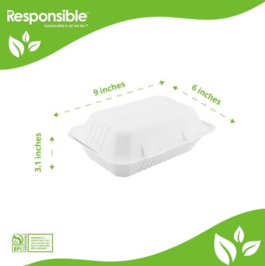 9" x 6" x 3" Clamshell | Single Compartment Sugarcane