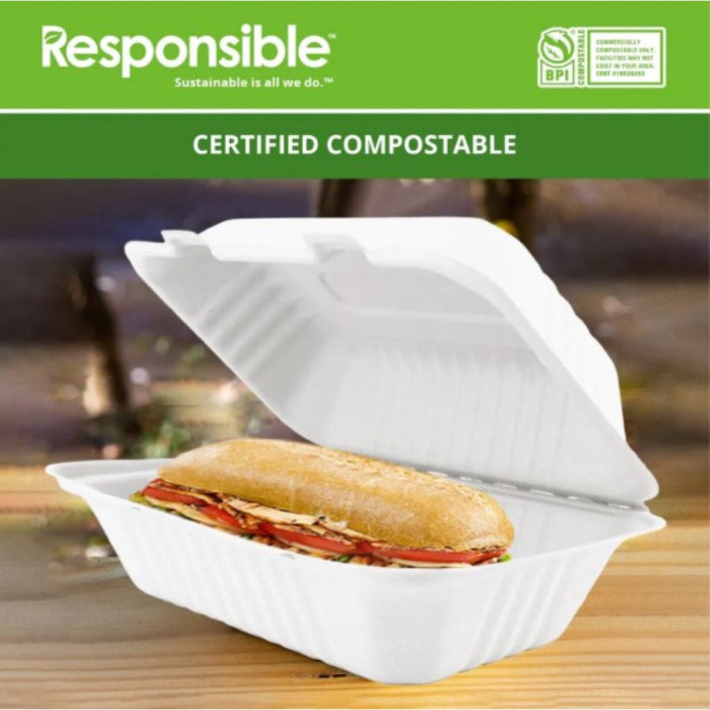 9" x 6" x 3" Clamshell | Single Compartment Sugarcane