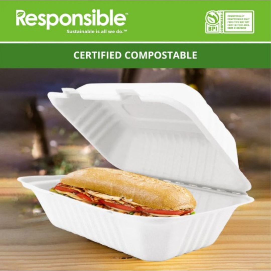 9" x 6" x 3" Clamshell | Single Compartment Sugarcane