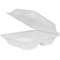 White fiber clamshell containers with 3 compartments on a white background